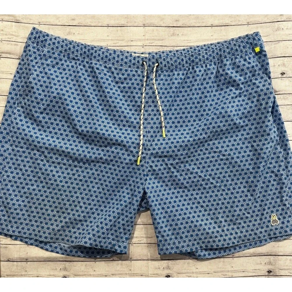 Psycho Bunny Swim Trunk Short Sz 5XL Blue Geometric Pattern Drawstring Lined